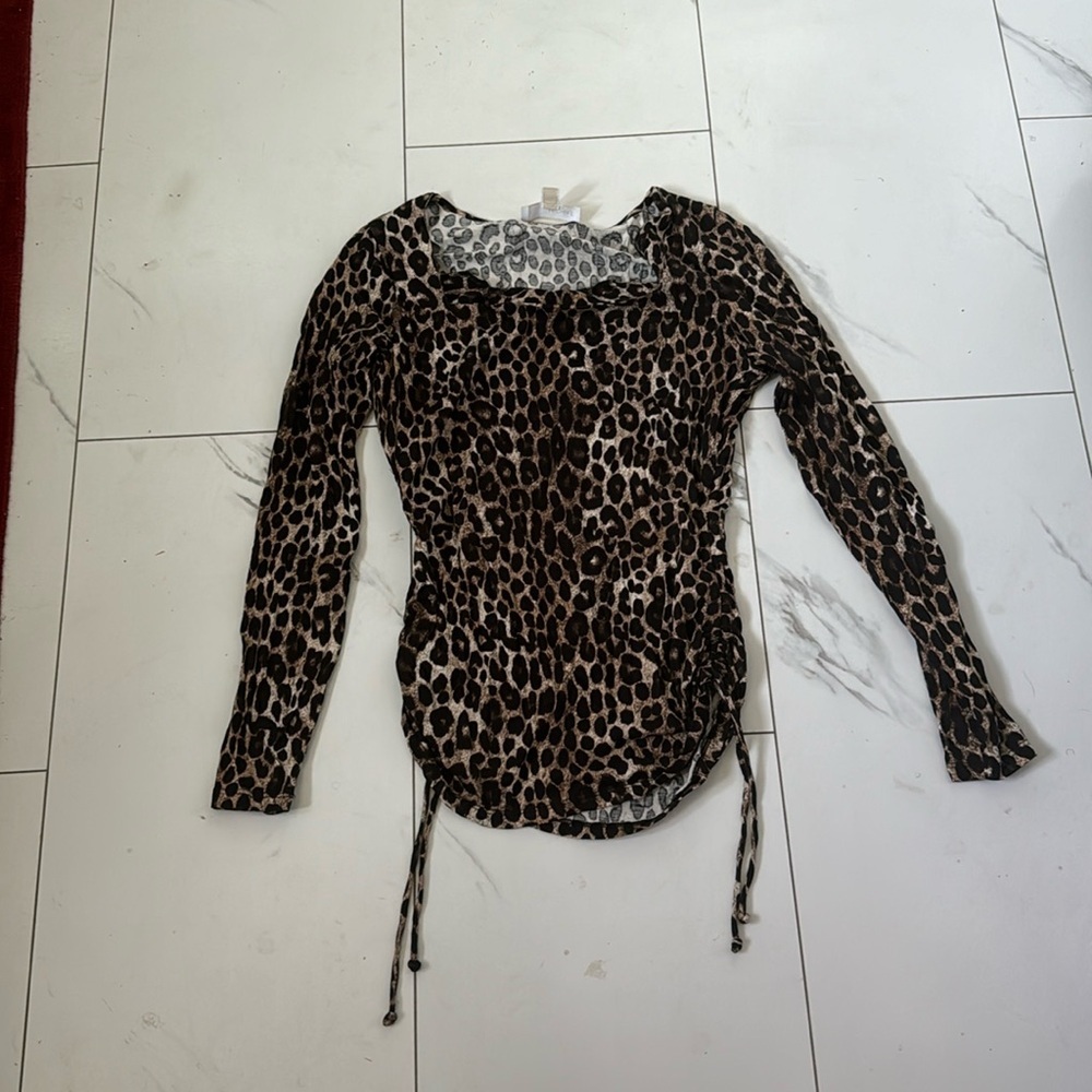 Michael Kors Brown Leopard Print Ruched Long Sleeve Top SIZE S